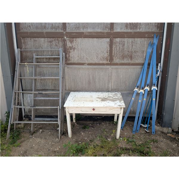 Vintage clothes racks, cross country skis and poles(75" and 80"), Wooden desk(42x26x29)