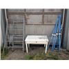 Image 1 : Vintage clothes racks, cross country skis and poles(75" and 80"), Wooden desk(42x26x29)