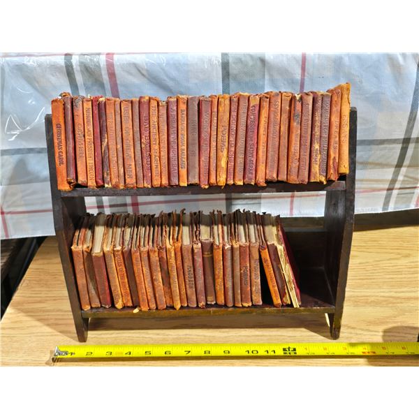 Antique Little Leather Book Lot on Wooden Shelf Rack - Real Leather Bound