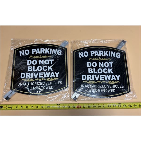 (2) No Parking, Do Not Block Driveway Tin Signs packaged with detachable mounting stakes. (New)