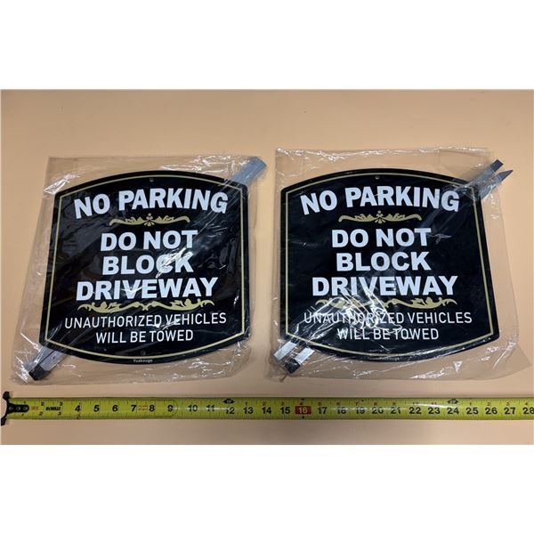 (2) No Parking, Do Not Block Driveway Tin Signs packaged with detachable mounting stakes. (New)