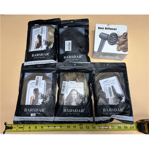 (5) BARSDAR synthetic hair extension pouches alongside a boxed hair dryer diffuser attachment. (New)
