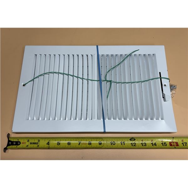 This is a 14-inch by 6-inch white steel 2-way sidewall and ceiling air register, featuring stamped l