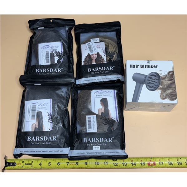 (4) BARSDAR synthetic hair extension pouches alongside a boxed hair dryer diffuser attachment. (All 