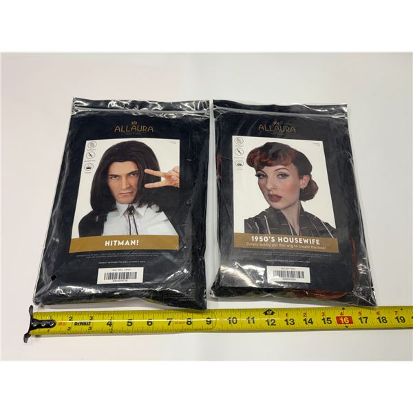 Allaura costume wigs feature a long black "Hitman!" style on the left and a vintage auburn "1950's H