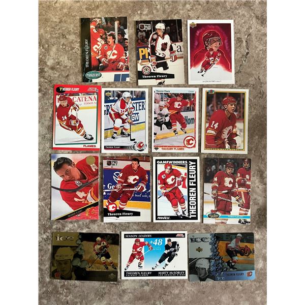 Theo Fleury lot of 14 different hockey cards.