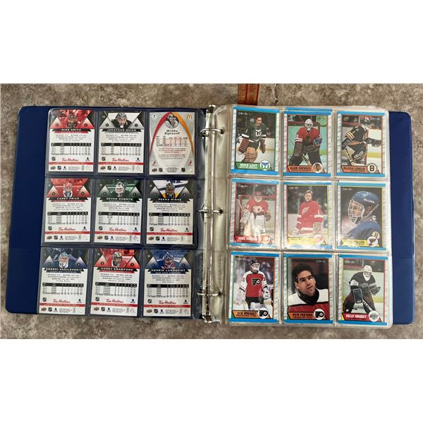 Hockey card binder of Goalies. 24 pages. 216 different cards. Mixed Brands. Mixed Years. Some OPC & 
