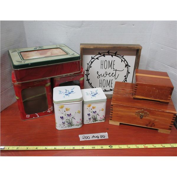 Wooden Boxes, Tins, and a Sign