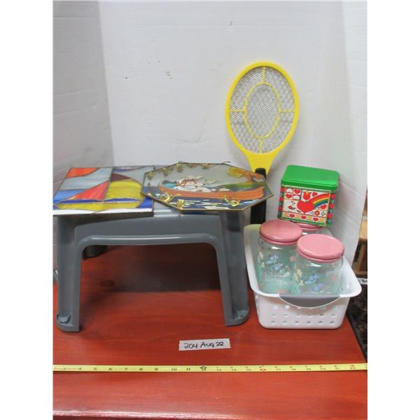 Plastic Step, Fly Killer, and Dec Jars Hand Glass
