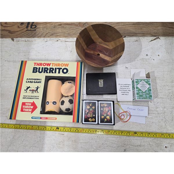 Lot of misc items, burrito throw and playing cards
