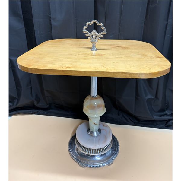 Vintage Art Deco smoking stand table from the 1930s featuring a chrome finish, a marbled slag glass 