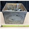 Image 1 : Vintage weathered wooden Canadian butter crate from Saskatchewan and assorted bottles.