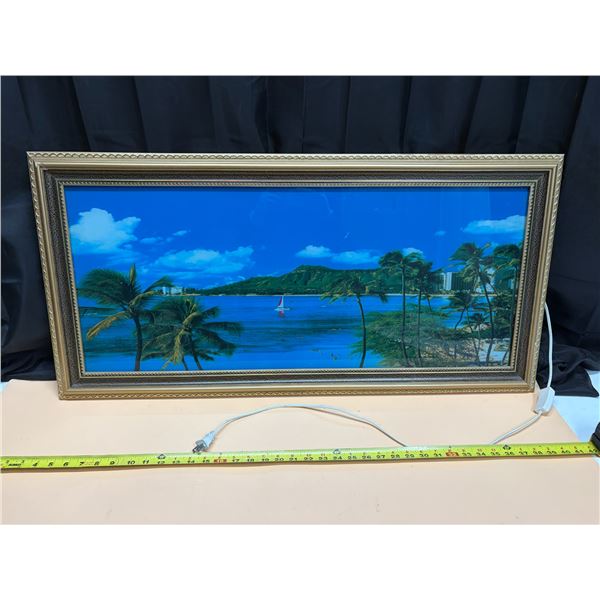 Vintage lighted motion picture wall art featuring a tropical Hawaiian Waikiki Beach. (Working)