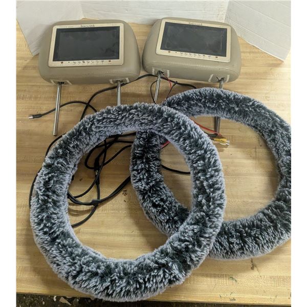 2-headrest monitors, 7". With 2-14.5" fuzzy steering wheel covers