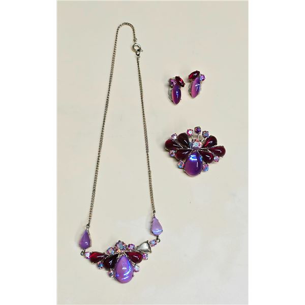 Vintage Purple & Ruby Red Rhinestone Statement Necklace, Brooch & Earring Set