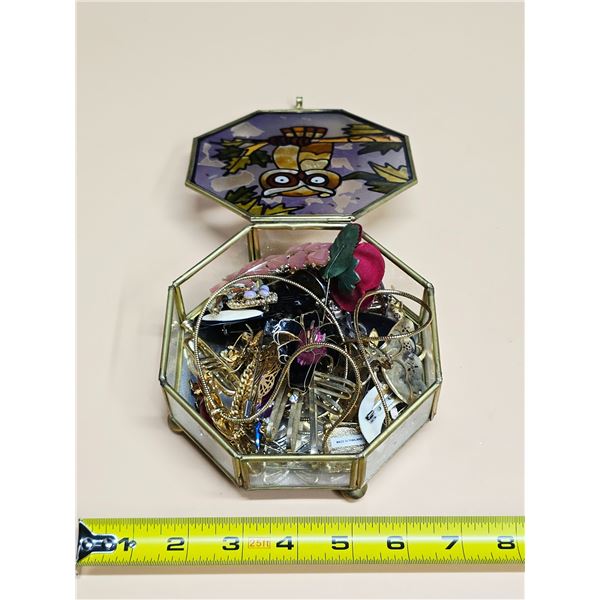 Stained Glass Owl Jewelry Box Filled with Assorted Costume Jewelry