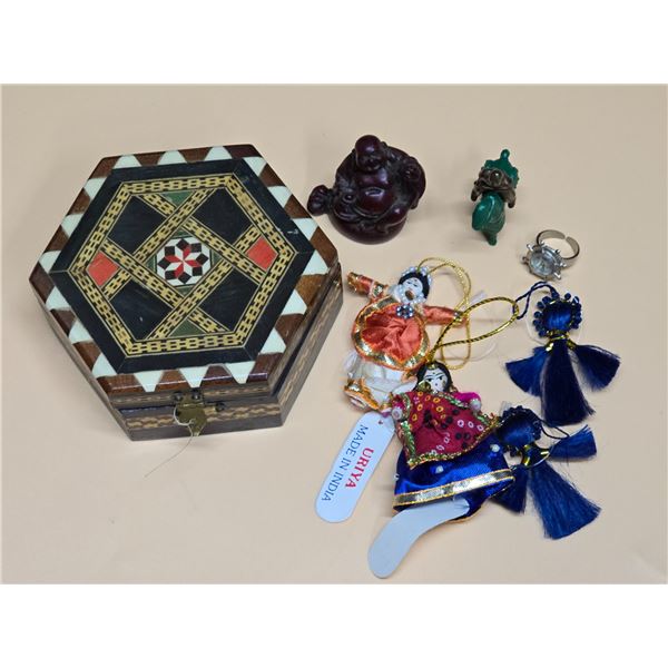 Lot of Misc. Trinkets in Wooden Jewelry Box