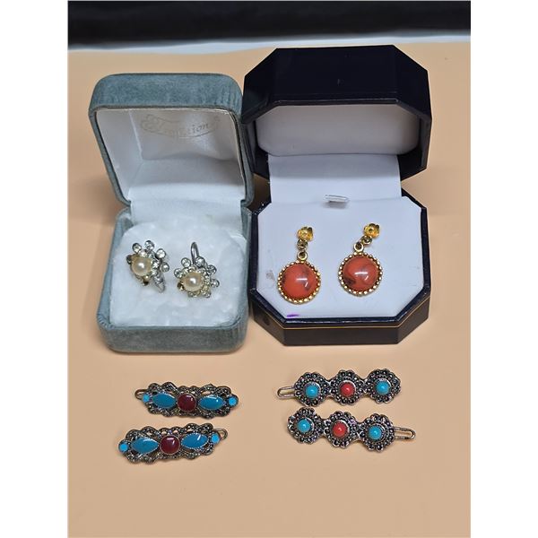 (2) Pair Vintage Earrings, (4) Vintage Hair Barretts