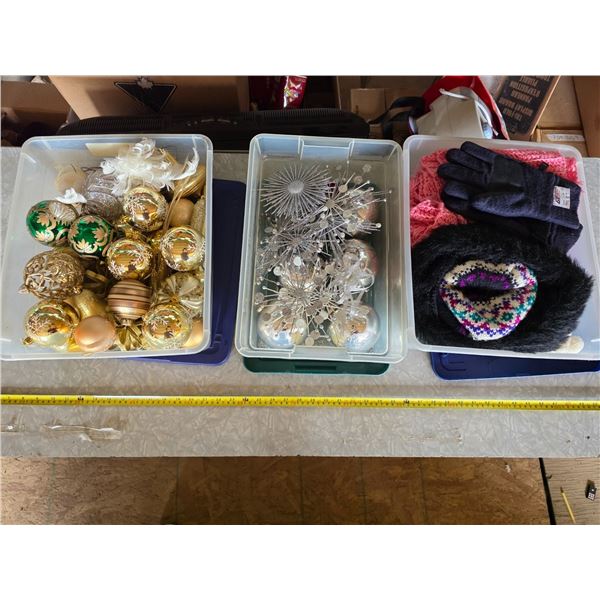 3 buckets full of christmas décor