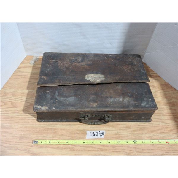 Old Wood Storage Box 10'' By 15'' with 2 keys Seactor Name Tag *Broken Lid*