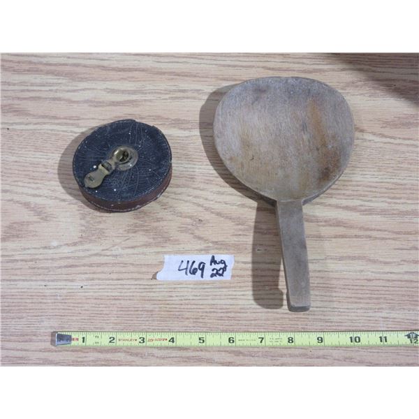 Old Measuring Tape Nylon with Leather Case (Some Damage) and Old Wooden Spoon