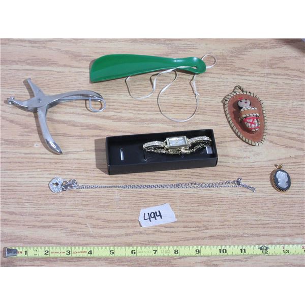 Mix Lot of Cameo Pendant Mother of Pearl Watch Lock + Key Necklace, Shoe Horn, Hold Punch, and Misc
