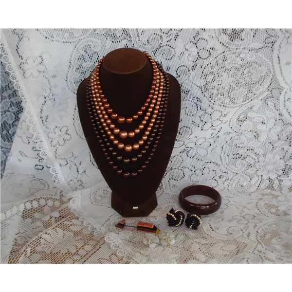 Costume Jewelry Lot  5 Strand vintage Beaded Necklace 2 pr Clip-On Earrings etc