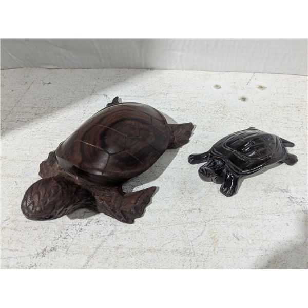 2 Carved wood turtles