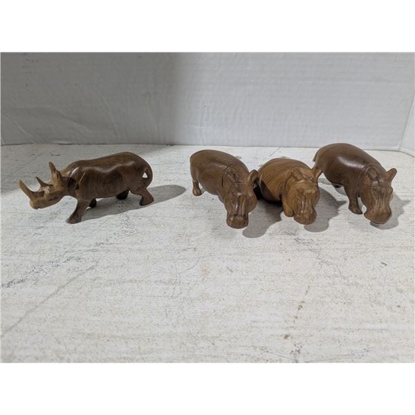 Wood carvings, rhino and hippos