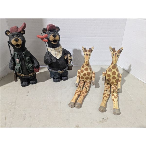 Carved wood décor, giraffes and goofy bears
