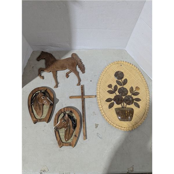 Carved wood décor, wall décor, (ceramic horses)
