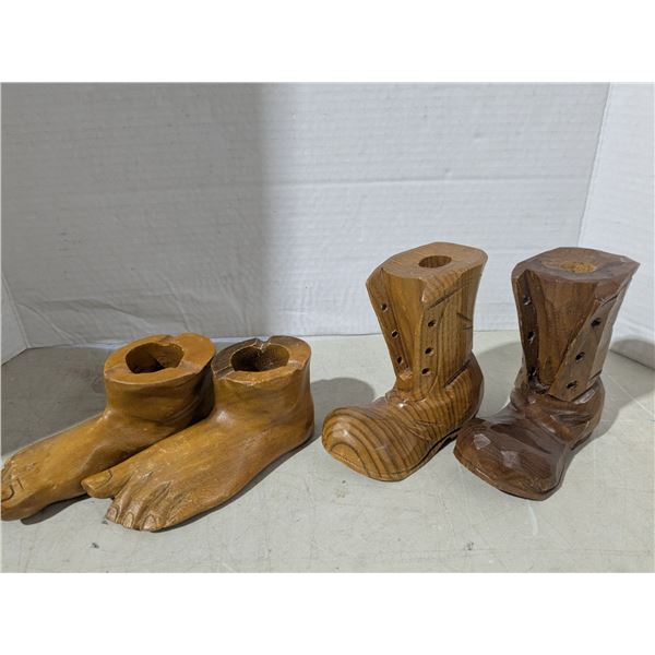 Carved wood décor, feet and boots