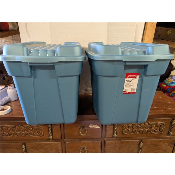 2 rubbermaid roughneck totes with lids, blue