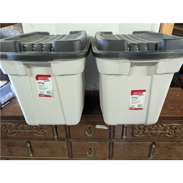 2 rubbermaid roughneck totes with lids, tan and black