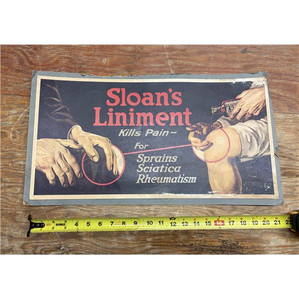 Vintage, paper advertising display sign for Sloan's Liniment.