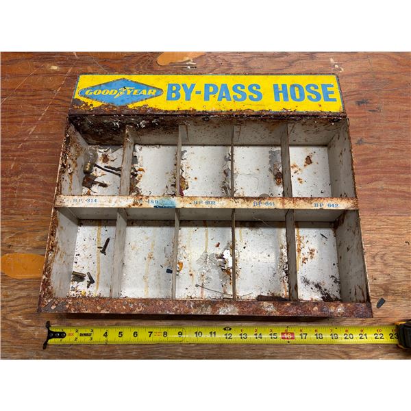 Vintage Goodyear By-Pass Hose metal parts display and storage cabinet featuring ten compartments wit
