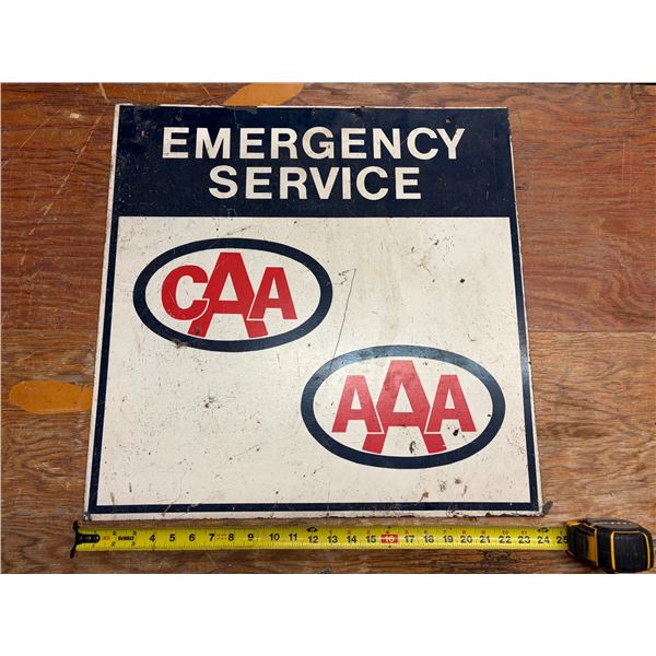 Vintage double-sided metal CAA/AAA Emergency Service sign featuring both the Canadian Automobile Ass