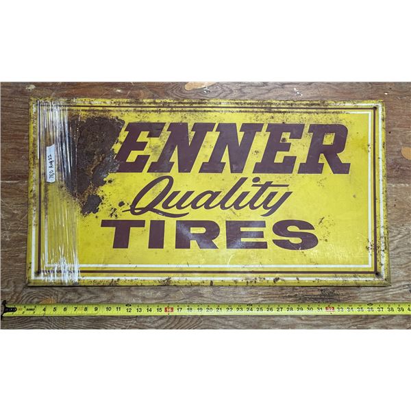 Penner Quality Tires" rectangular metal/tin advertising sign featuring yellow and maroon graphics wi
