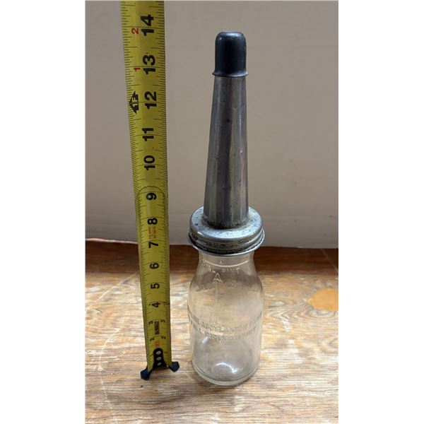 Vintage clear glass 1 Imperial Quart motor oil dispenser bottle.