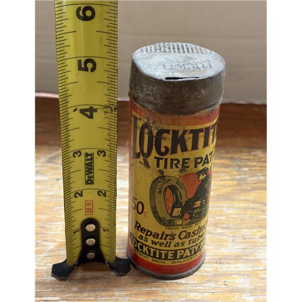 Vintage Locktite Tire Patch Repair Kit tin container from the 1920s or 1930s, manufactured in Detroi