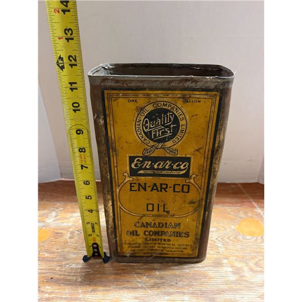 Vintage one-gallon En-ar-co motor oil tin. (Empty)