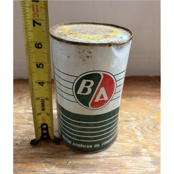 Vintage BA motor oil can from the British American Oil Company (B/A).