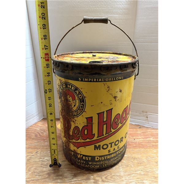 Vintage 5 Imperial Gallon "Red Head" motor oil pail. (Empty)