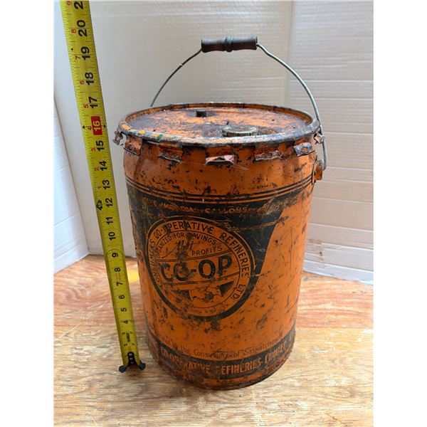 Vintage 5-gallon orange metal Co-Op oil or lubricant pail.