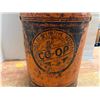Image 2 : Vintage 5-gallon orange metal Co-Op oil or lubricant pail.