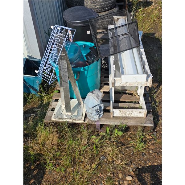 pallet of misc items, garbage can