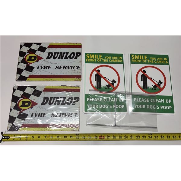 (2) Dunlop Tyre Service Tin Signs and (2) Clean UP After Your Dog Double-Sided H-Stake Metal Stakes 