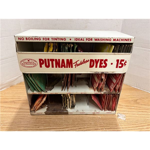 Vintage Putnam Fadeless Dyes store counter display cabinet is a collectible metal advertising fixtur
