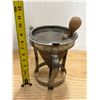 Image 1 : Vintage mid-20th-century metal cone sieve and tripod stand set featuring a fine mesh strainer, match
