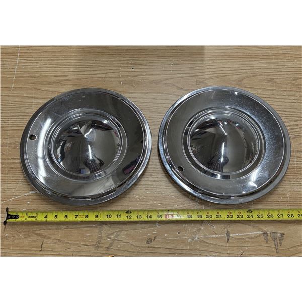 Pair of Vintage, polished chrome Citroën DS hubcaps featuring a classic convex center dome.